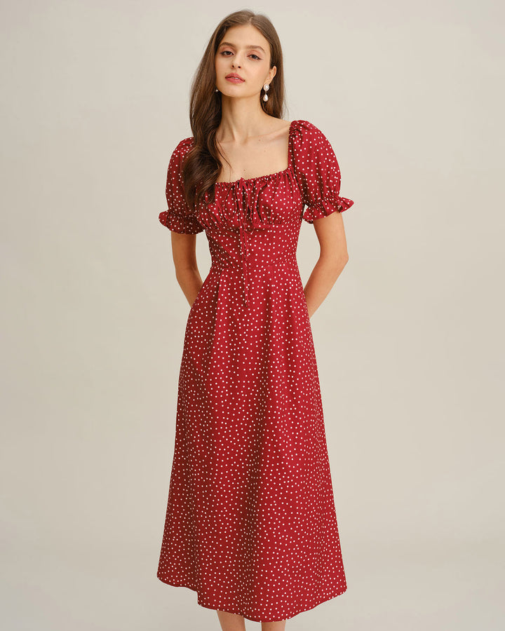 SALE | Red Polka Dot A-Line Square Neck Midi Dress