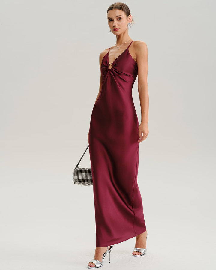 SALE | Wine Red Ruched V Neck Slip Maxi Dress