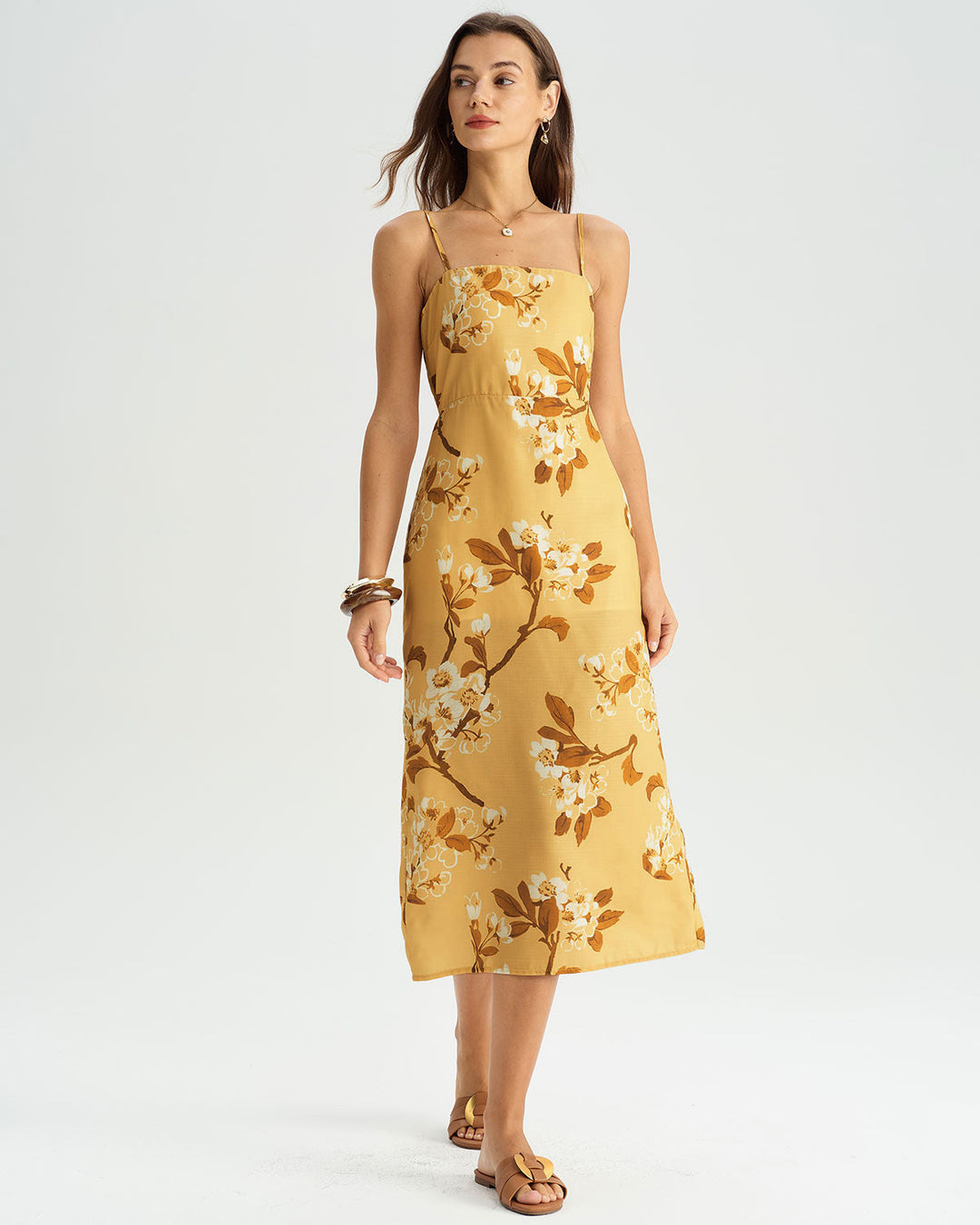 SALE | Yellow Floral Shirred Slip Midi Dress