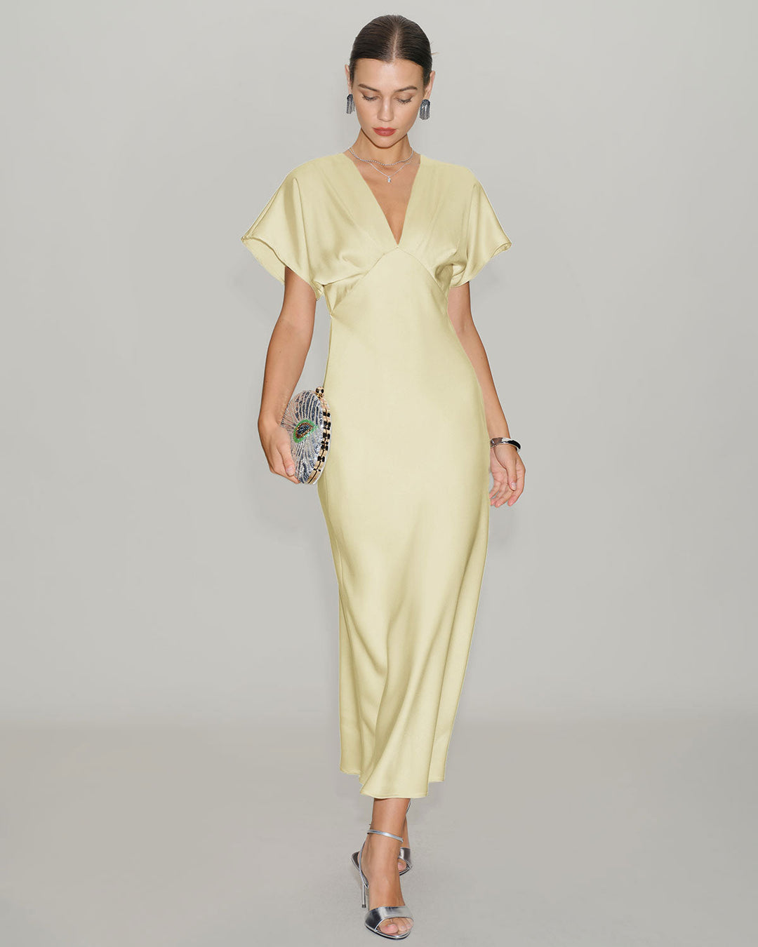 SALE | Yellow Satin Cowl Sleeve Midi Dress