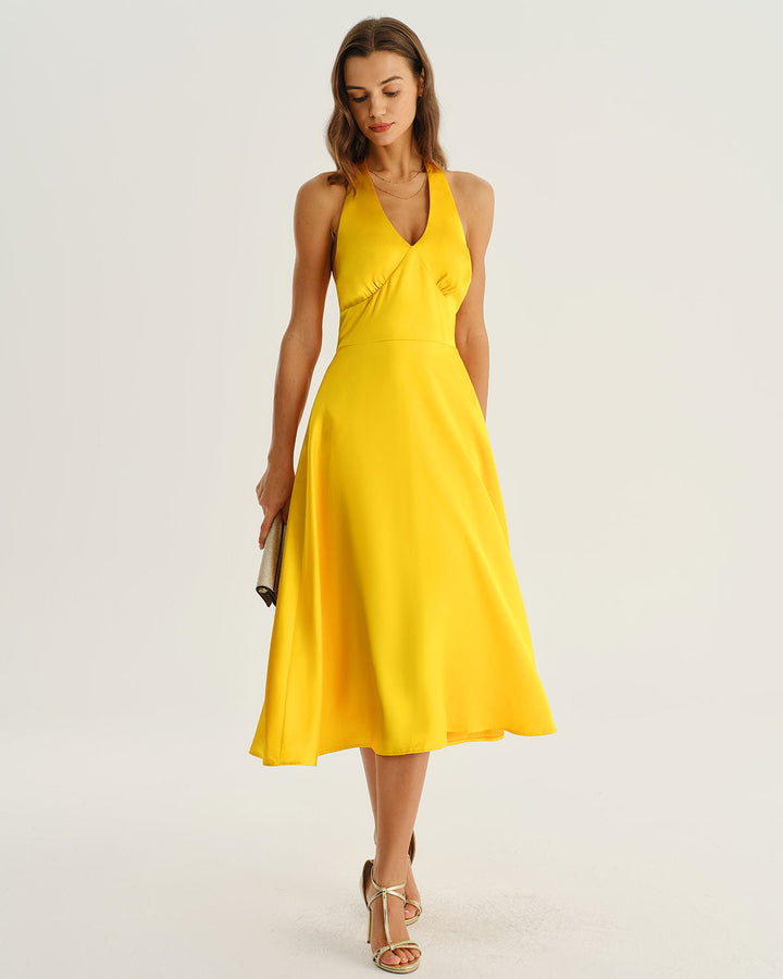 SALE | Yellow Satin A-Line Halter Midi Dress