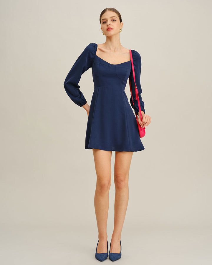 SALE | Navy Puffed Sleeve A-Line Mini Dress