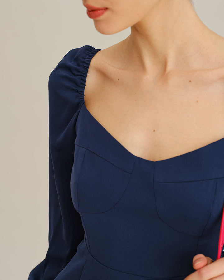 SALE | Navy Puffed Sleeve A-Line Mini Dress