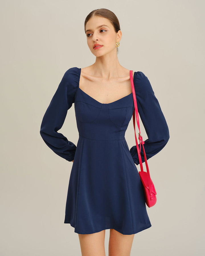 SALE | Navy Puffed Sleeve A-Line Mini Dress