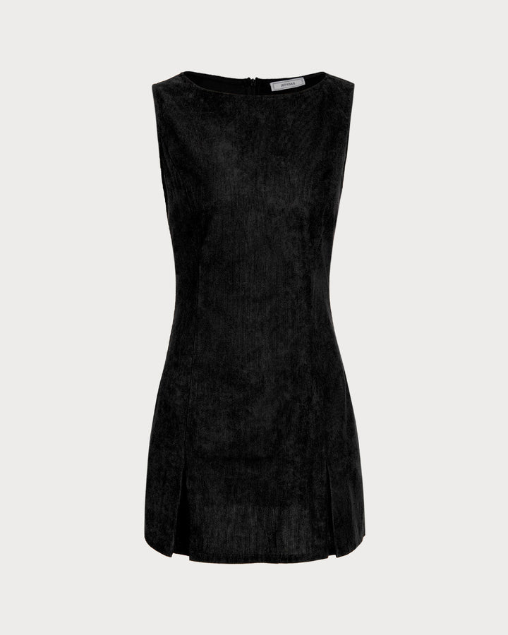 SALE | Black Boat Neck Corduroy Sleeveless Mini Dress