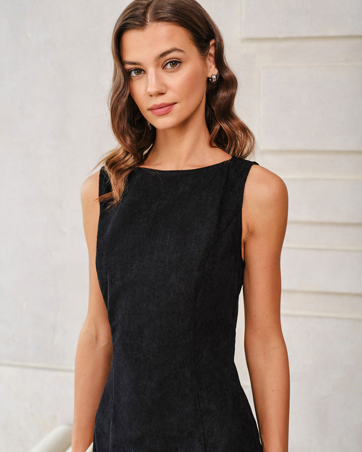 SALE | Black Boat Neck Corduroy Sleeveless Mini Dress