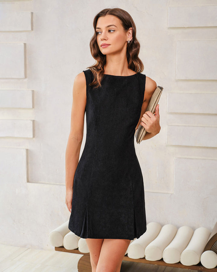 SALE | Black Boat Neck Corduroy Sleeveless Mini Dress