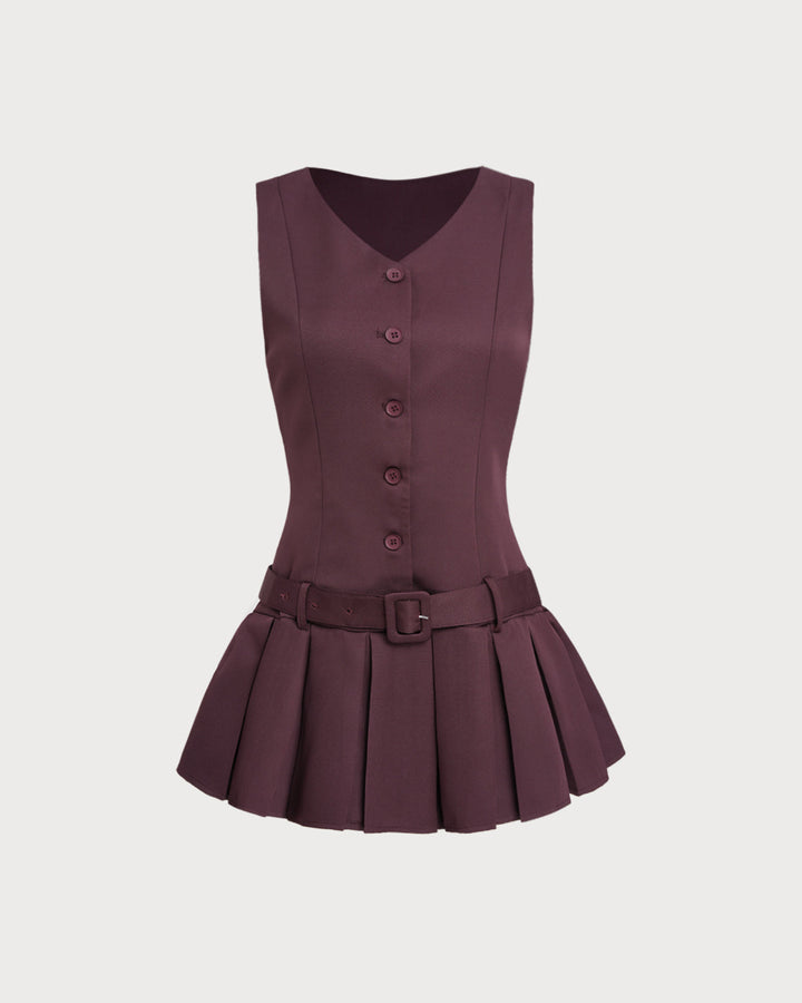 SALE | Wine Red V-Neck Sleeveless Belted Mini Dress
