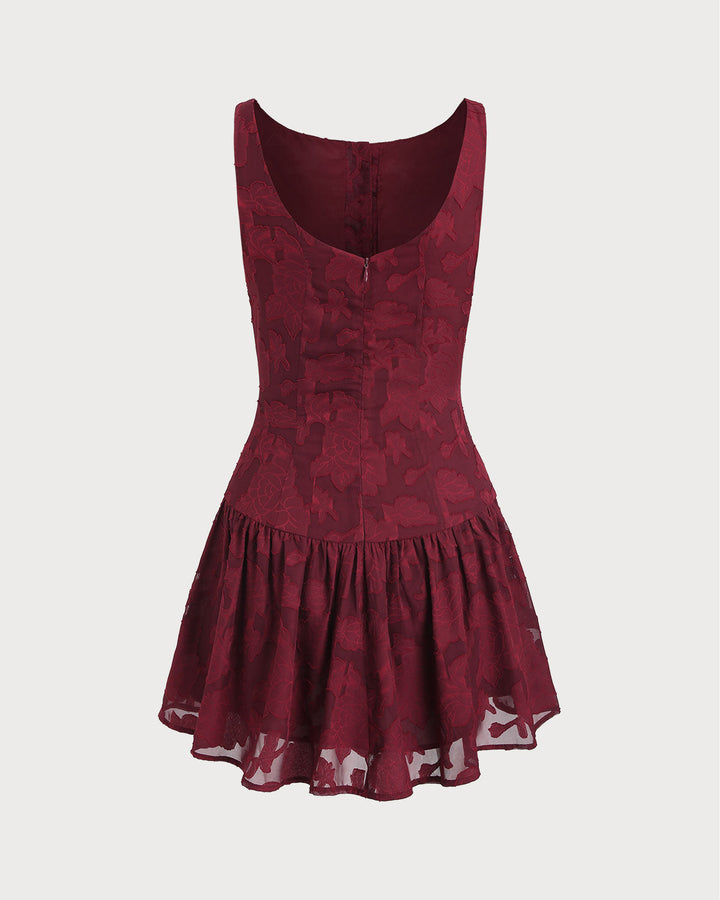 SALE | Red Jacquard Boat Neck A-Line Mini Dress
