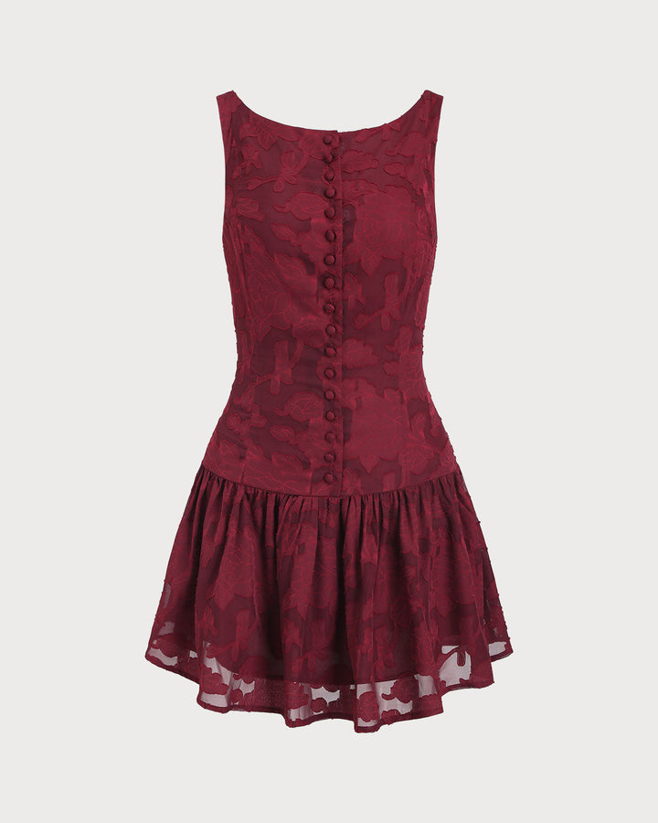 SALE | Red Jacquard Boat Neck A-Line Mini Dress