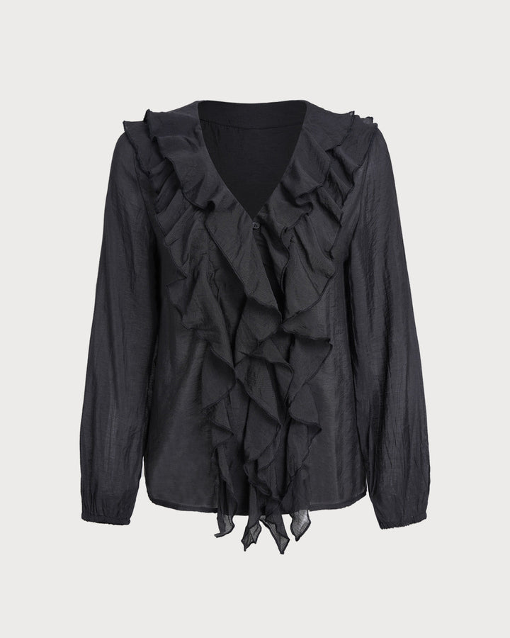 SALE | Black V Neck Ruffle Loose Shirt