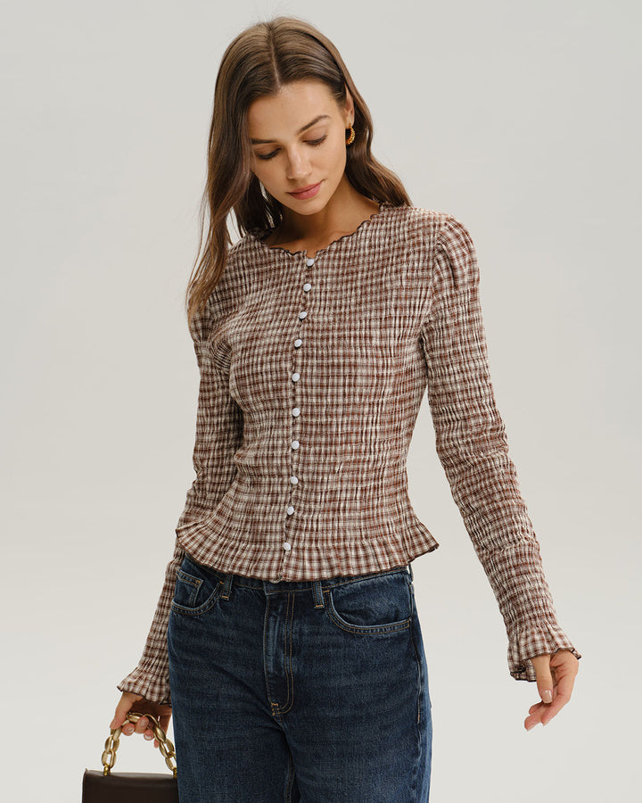 SALE | Blouse with brown plaid pattern and poetic pleated sides