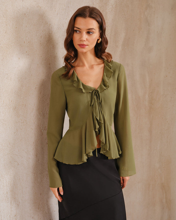 SALE | Elegant green chiffon blouse with ruffles and bell sleeves