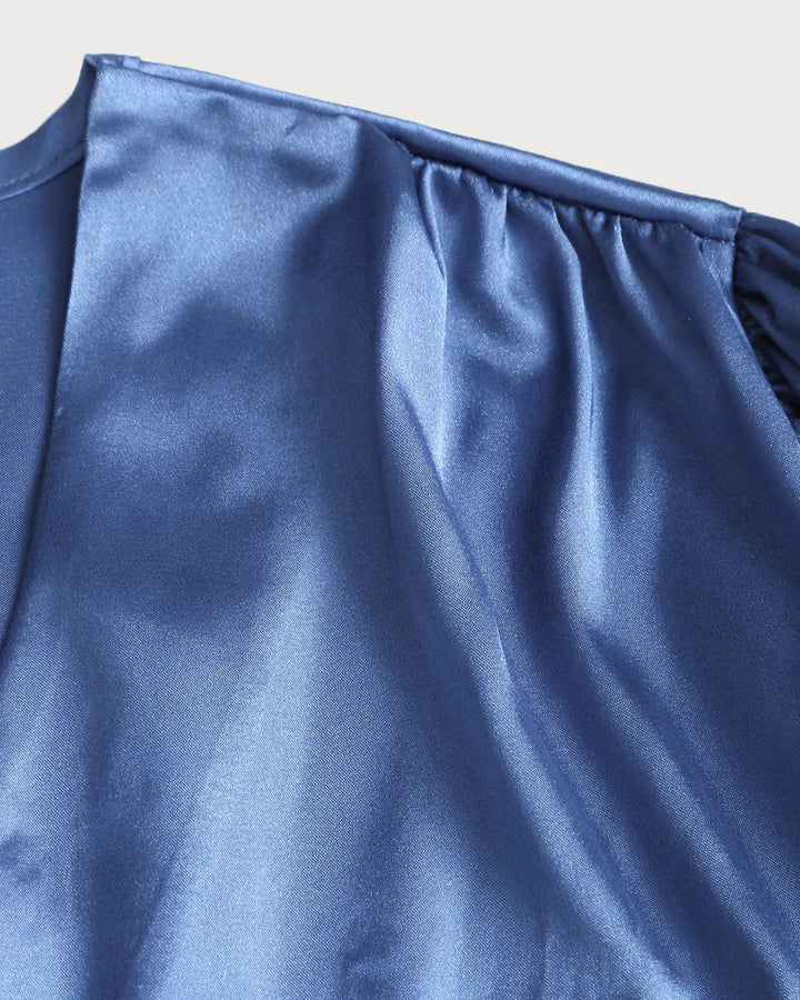 SALE | Blue Satin V Neck Loose Shirt