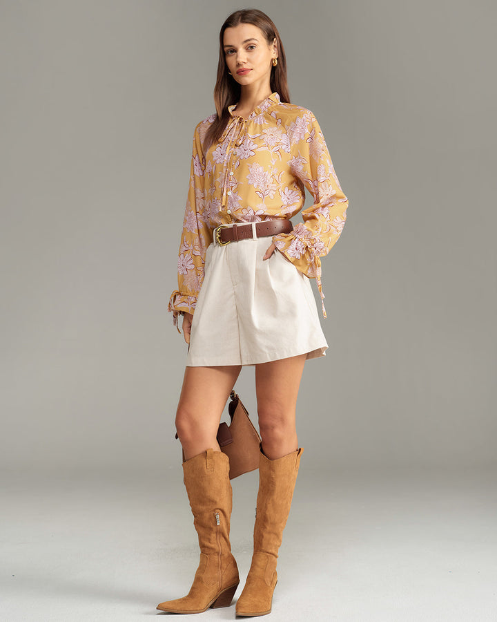 SALE | Yellow Floral Ruffle Bell Sleeve Shirt