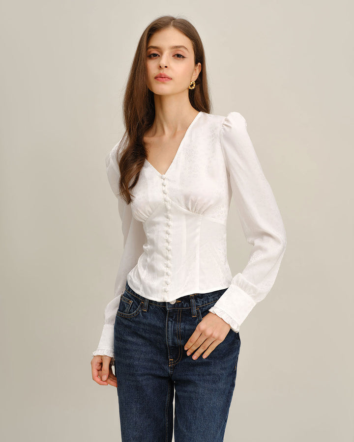 SALE | White Ruched V Neck Shirt