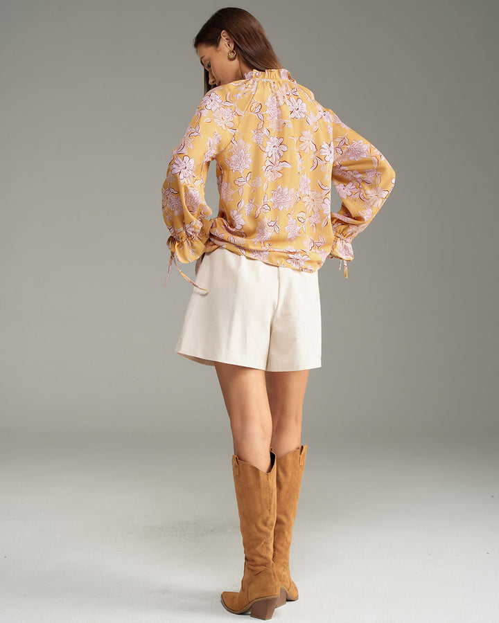 SALE | Yellow Floral Ruffle Bell Sleeve Shirt
