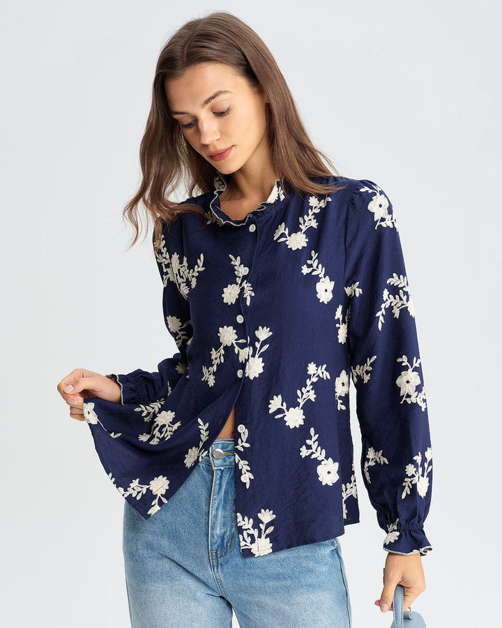 SALE | Navy Floral Poet Sleeve Shirt