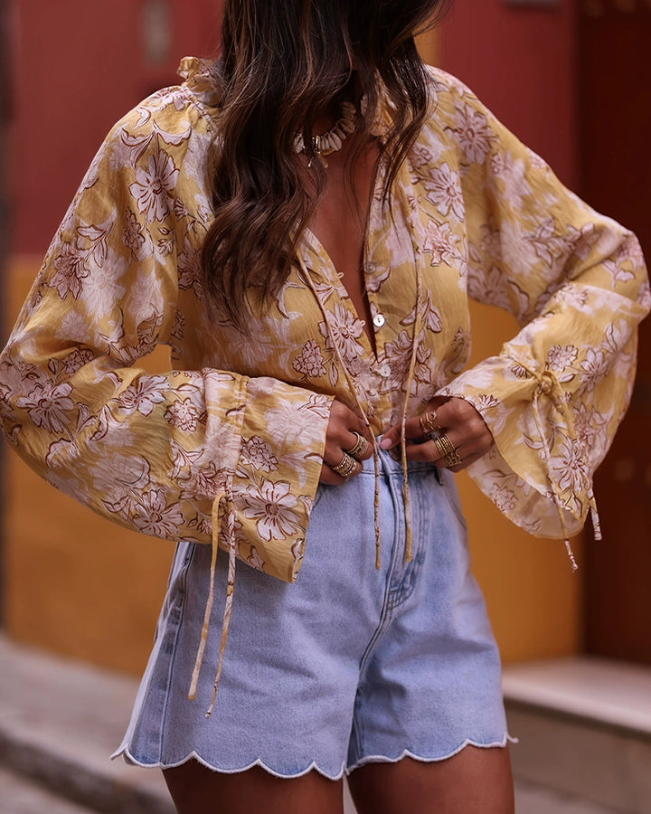 SALE | Yellow Floral Ruffle Bell Sleeve Shirt