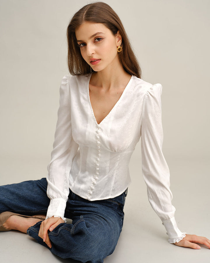 SALE | White Ruched V Neck Shirt