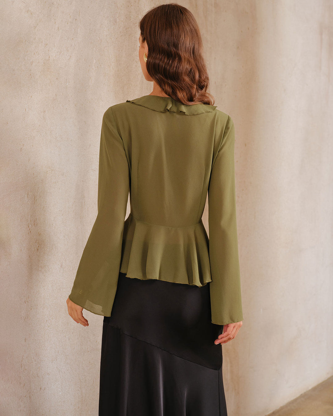 SALE | Elegant green chiffon blouse with ruffles and bell sleeves