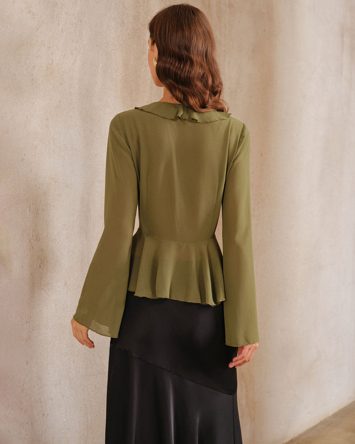 SALE | Elegant green chiffon blouse with ruffles and bell sleeves