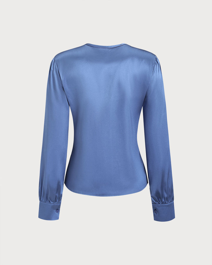SALE | Blue Satin V Neck Loose Shirt