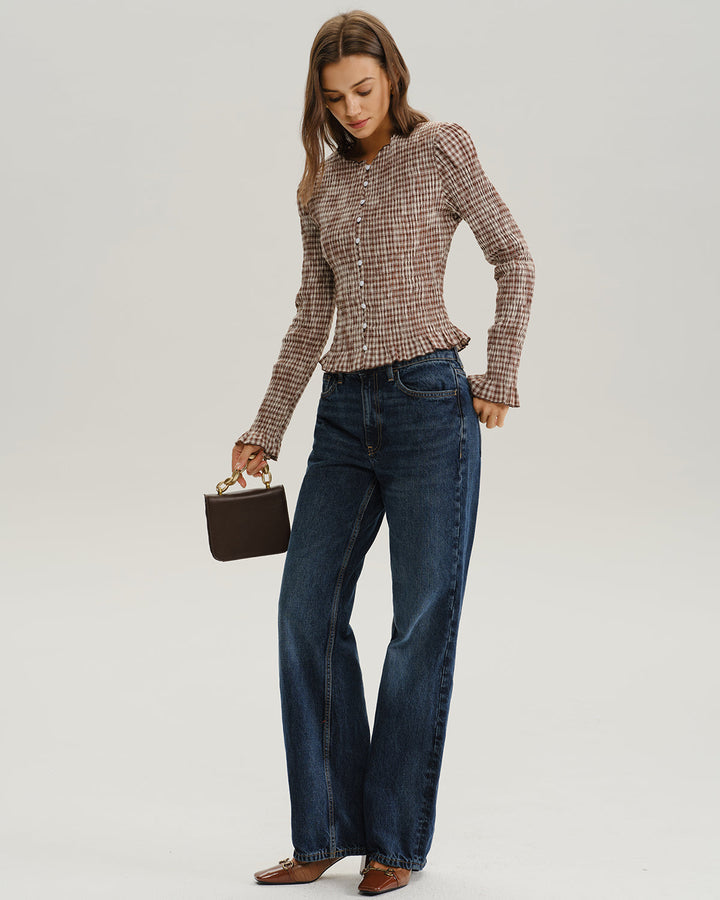 SALE | Blouse with brown plaid pattern and poetic pleated sides