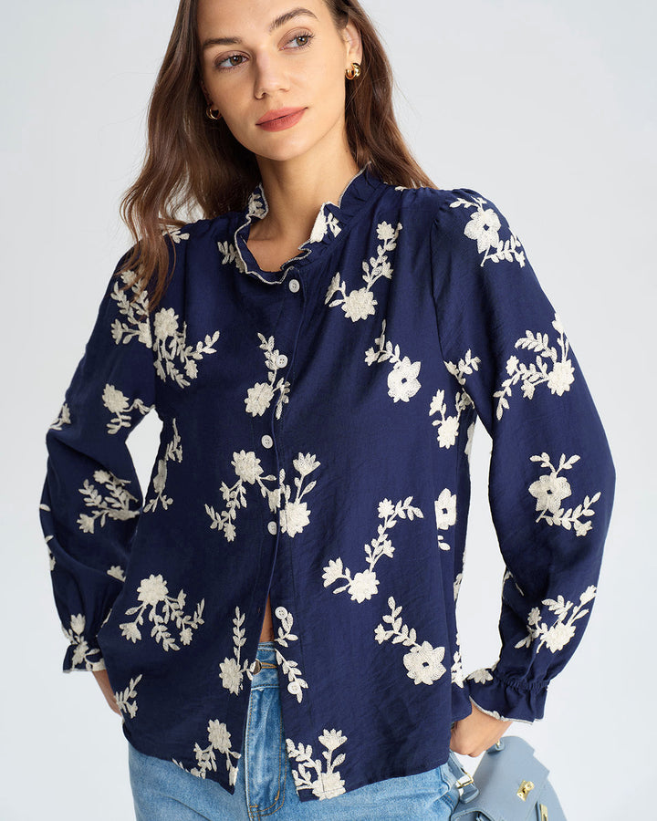 SALE | Navy Floral Poet Sleeve Shirt
