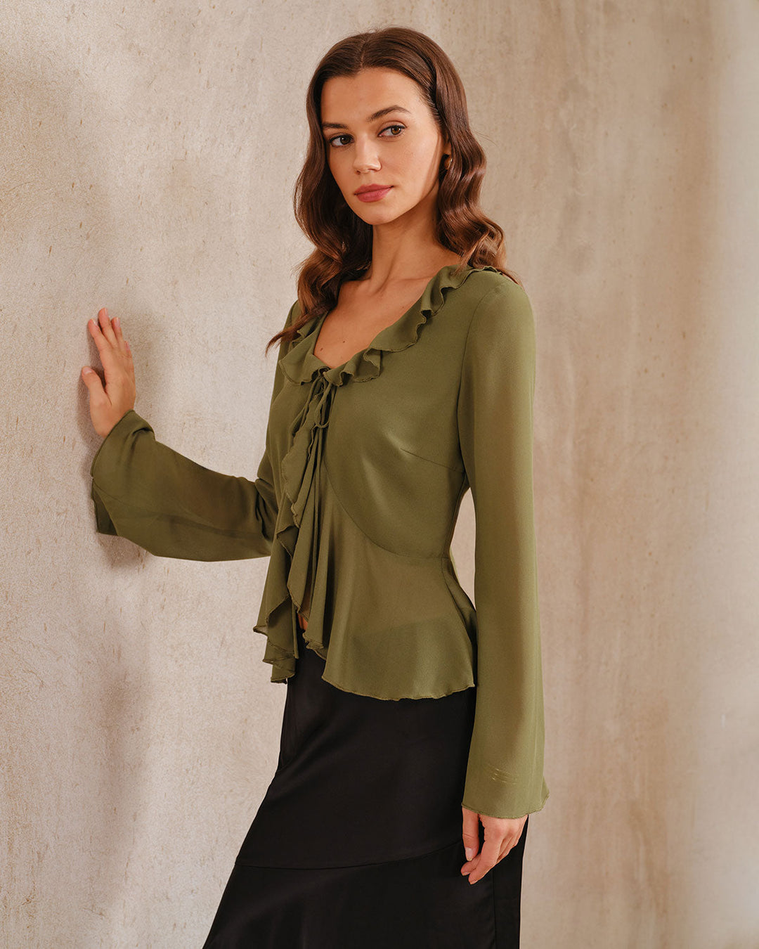 SALE | Elegant green chiffon blouse with ruffles and bell sleeves