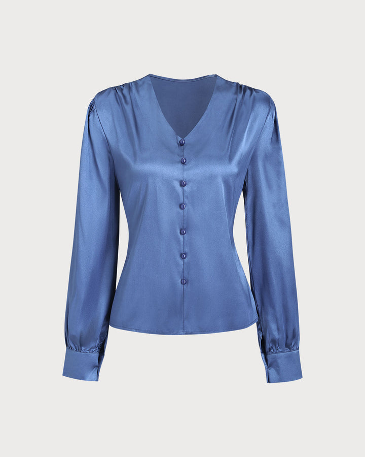 SALE | Blue Satin V Neck Loose Shirt
