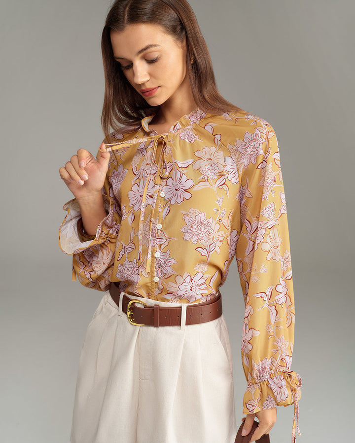 SALE | Yellow Floral Ruffle Bell Sleeve Shirt