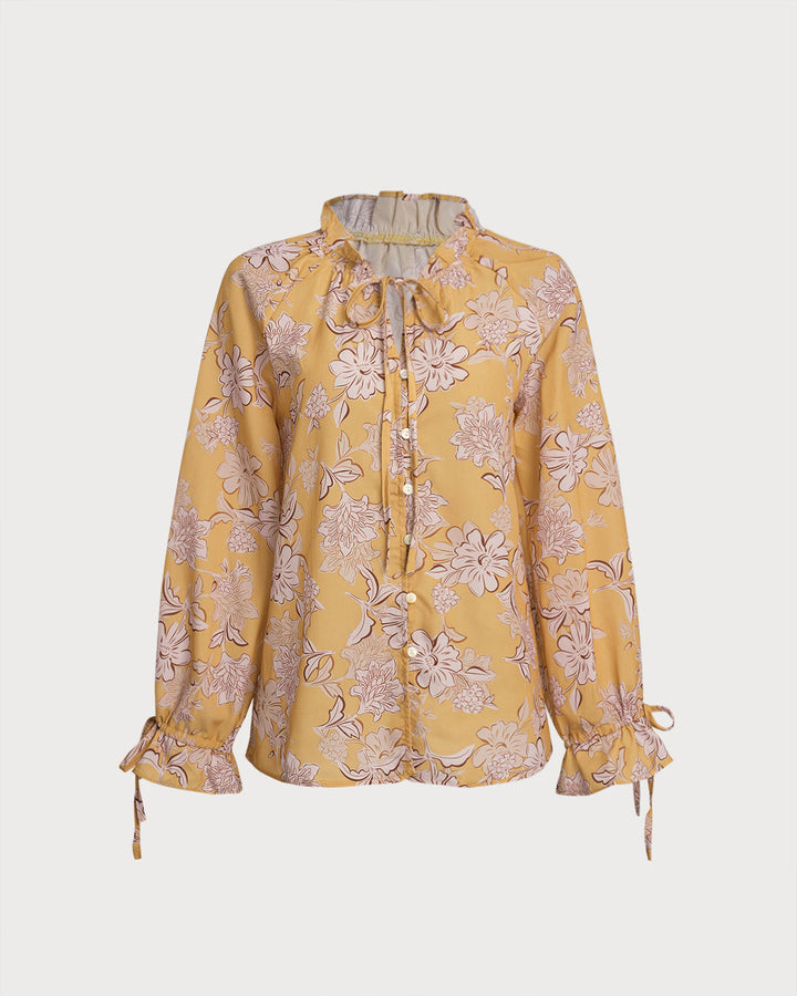 SALE | Yellow Floral Ruffle Bell Sleeve Shirt