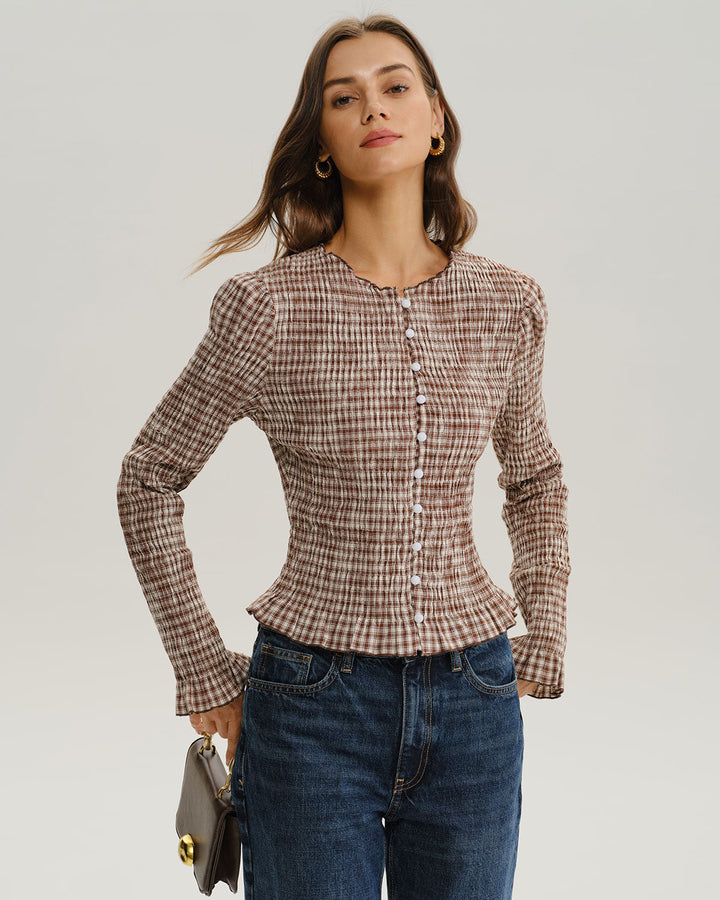 SALE | Blouse with brown plaid pattern and poetic pleated sides