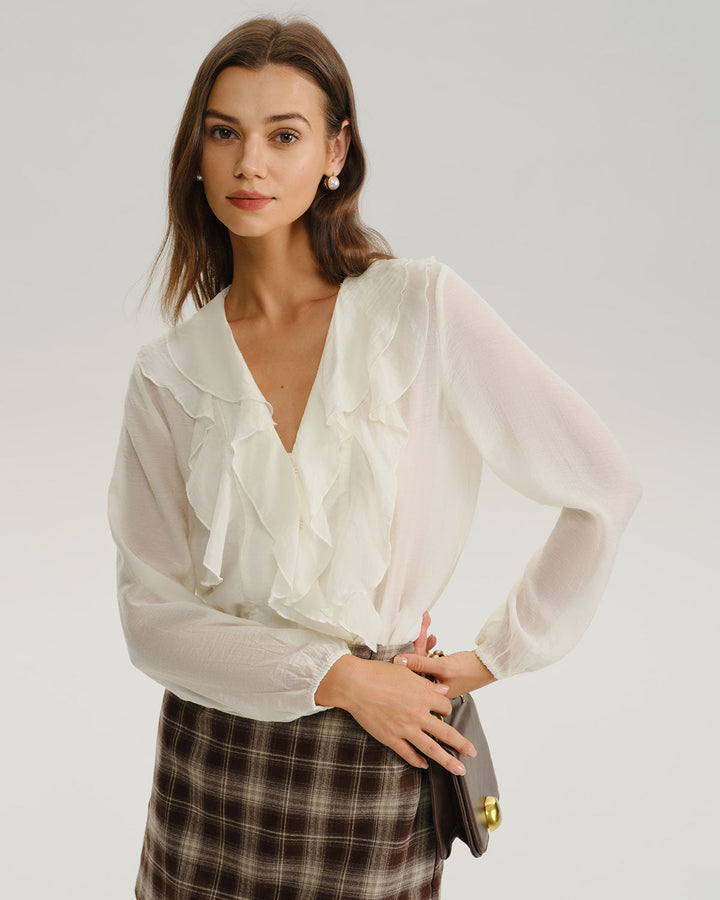 SALE | White V Neck Ruffle Loose Shirt