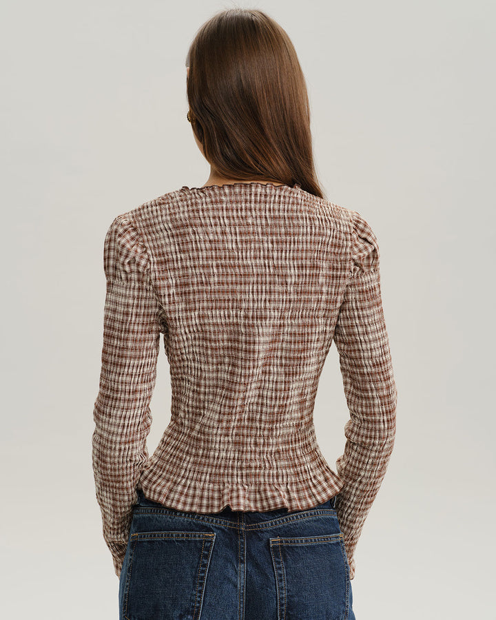 SALE | Blouse with brown plaid pattern and poetic pleated sides