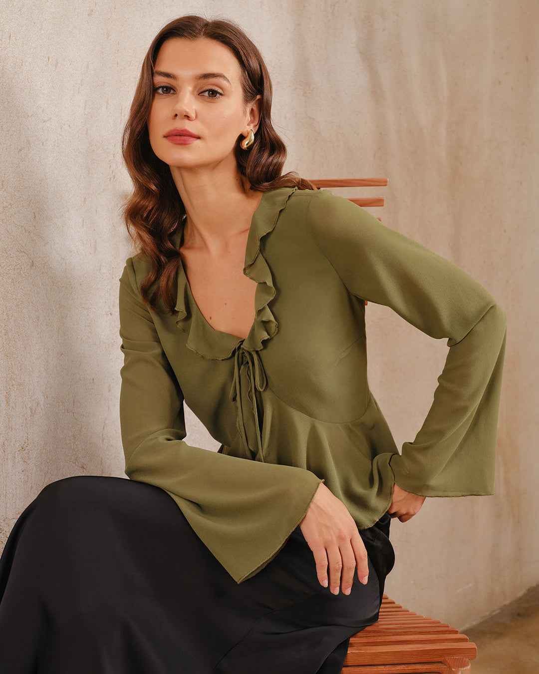 SALE | Elegant green chiffon blouse with ruffles and bell sleeves