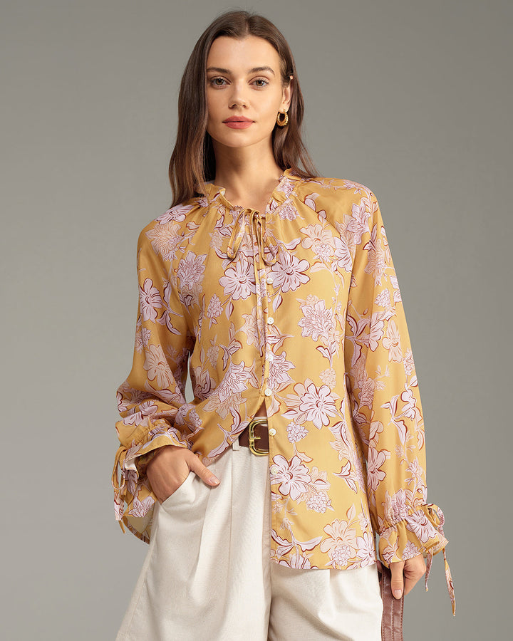 SALE | Yellow Floral Ruffle Bell Sleeve Shirt