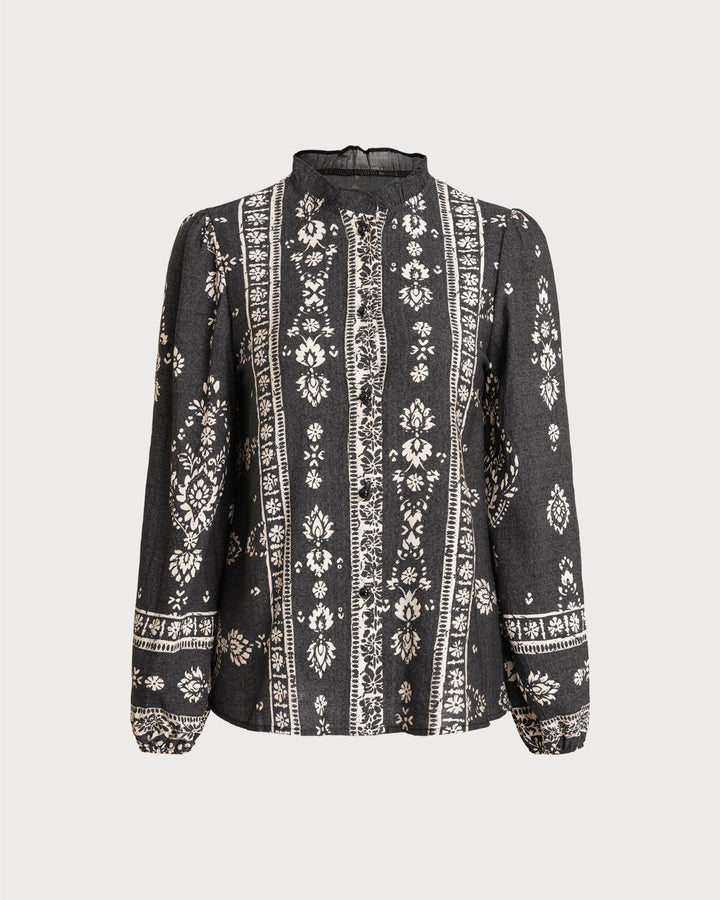 SALE | Black Floral Lantern Sleeve Shirt