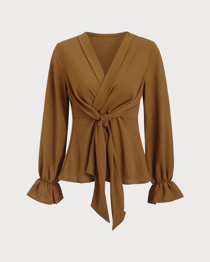 SALE | Caramel Ruched Poet Sleeve Shirt