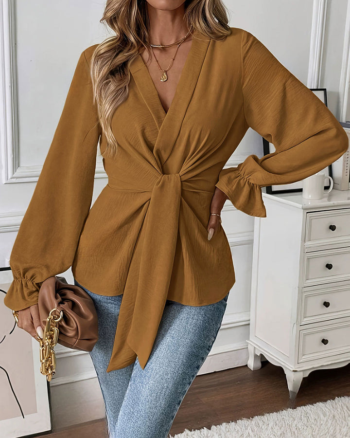 SALE | Caramel Ruched Poet Sleeve Shirt