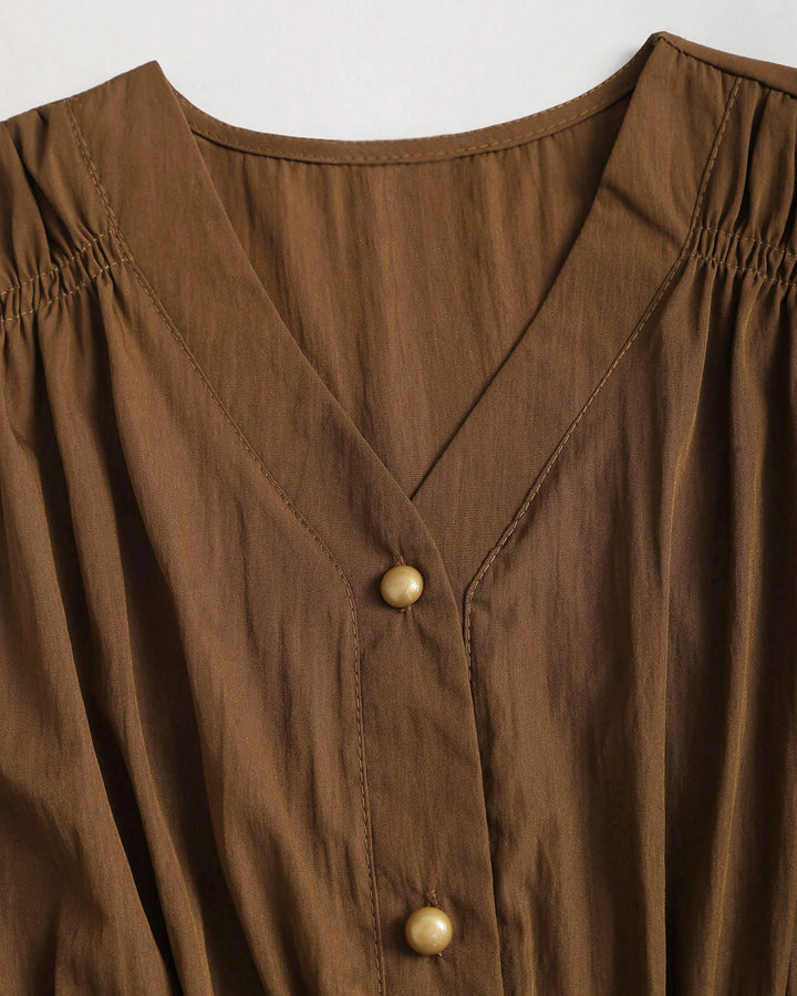 SALE | Brown Lantern Sleeve Shirred Shirt