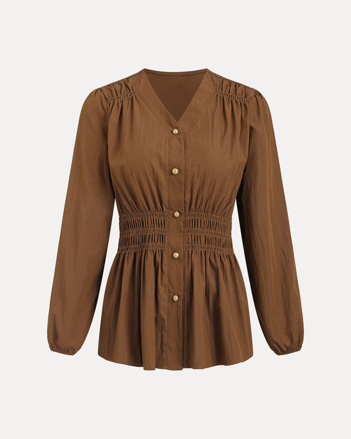 SALE | Brown Lantern Sleeve Shirred Shirt