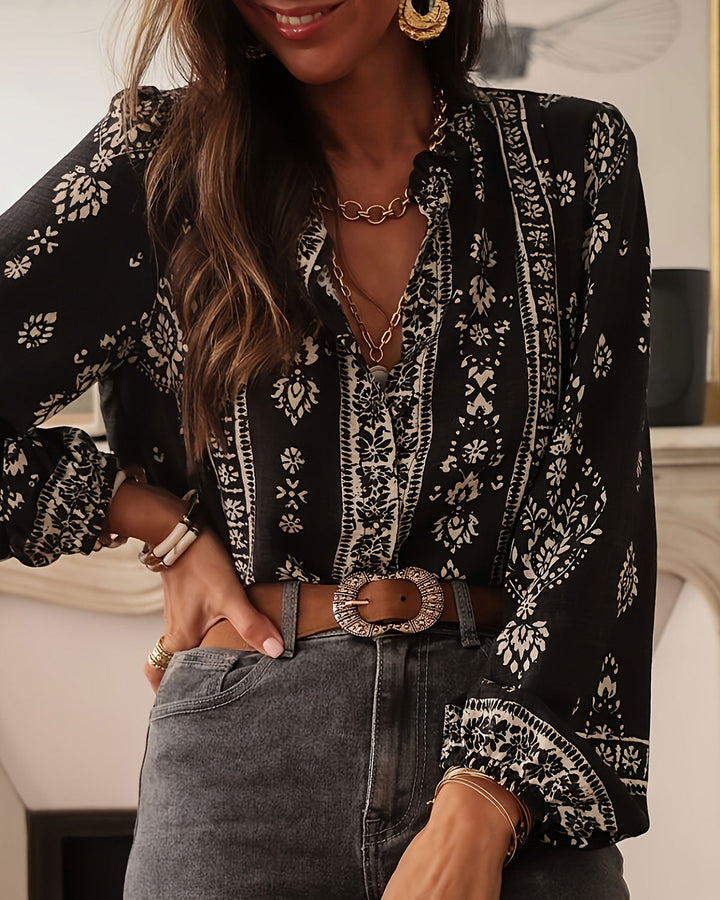 SALE | Black Floral Lantern Sleeve Shirt
