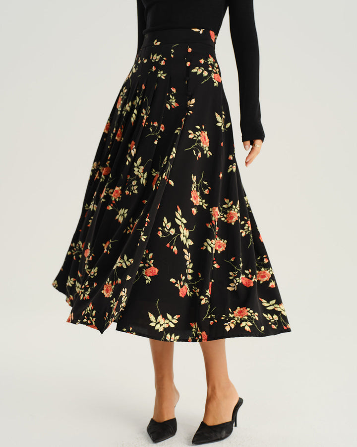 SALE | Black Floral A-Line Midi Skirt