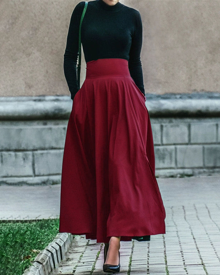 SALE | Red Pocket Flared Midi Skirt