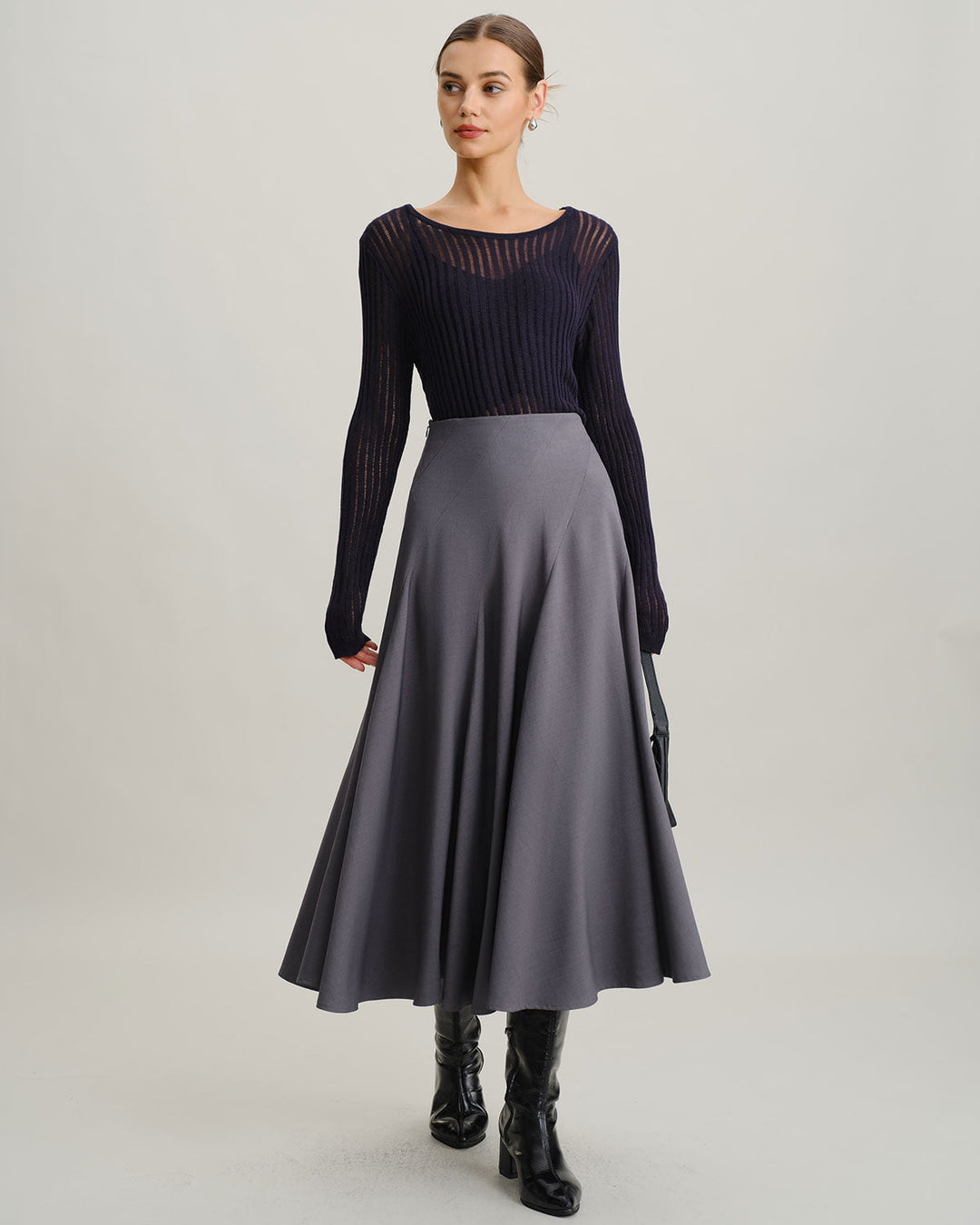 SALE | Elegant high-waisted gray midi pleated skirt