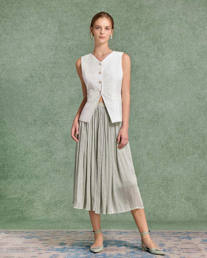 SALE | Green Flowy Pleated Midi Skirt