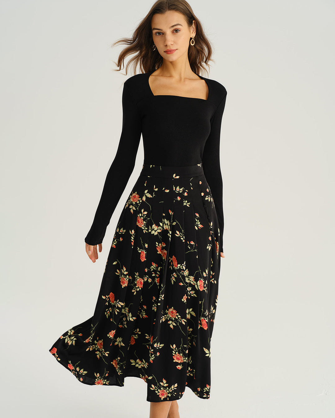 SALE | Black Floral A-Line Midi Skirt