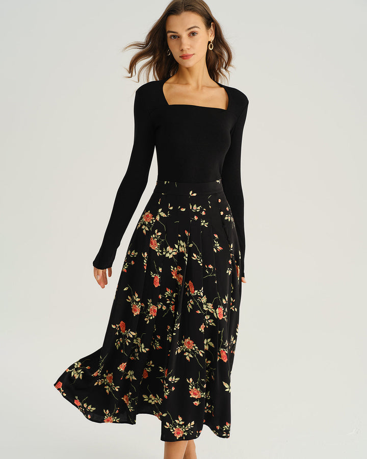 SALE | Black Floral A-Line Midi Skirt